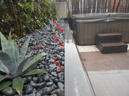 Fioriera con ghiaia lungo il bordo della terrazza, con le frecce che seguono la linea di contatto.